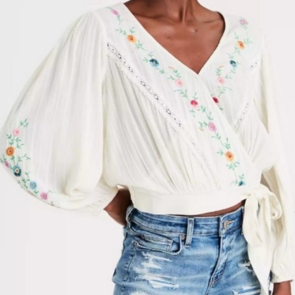 American Eagle Outfitters Tops - Nwt American Eagle floral boho embroidered wrap blouse balloon sleeves